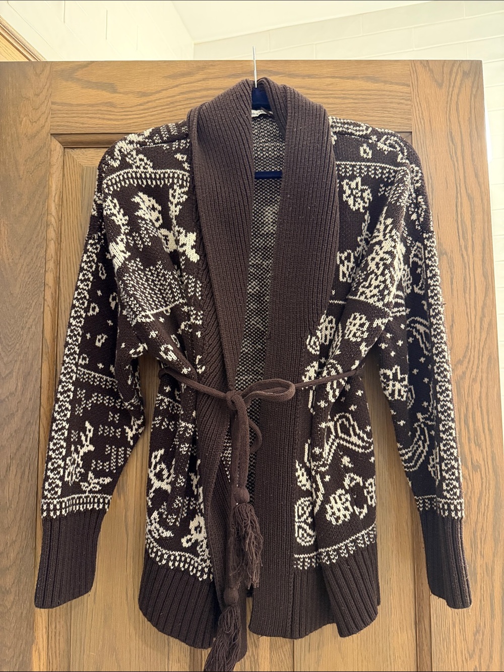 Abercrombie & Fitch Brown and Cream Shawl Collar Tie-Front Cardigan